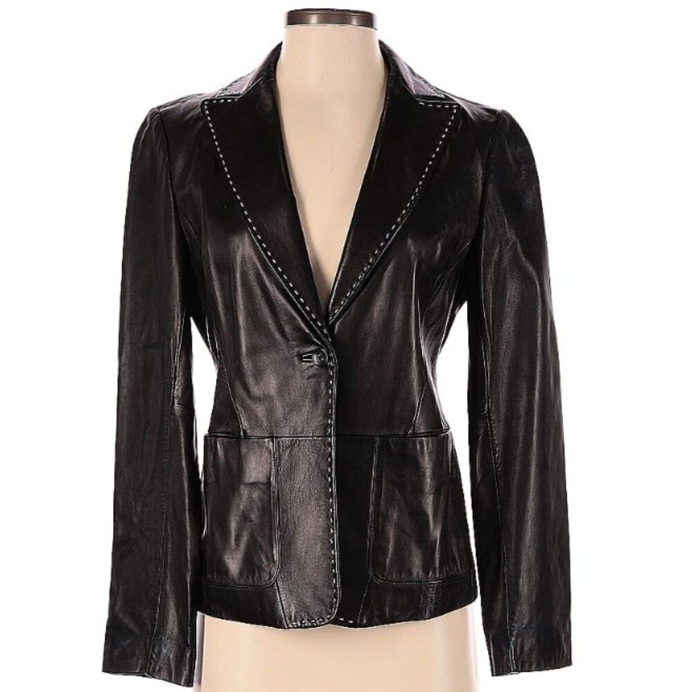 Banana Republic Black 100% Genuine Leather Jacket Blazer Contrast Stitch 4